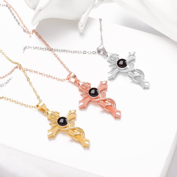 Custom Hidden Photo Projection Vintage Rose Cross Necklace - Image 9
